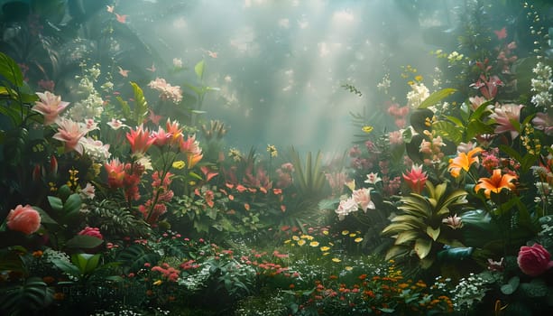 A colorful garden with an abundance of flowers, plants, and trees, illuminated by the sun filtering through the lush foliage, creating a picturesque natural landscape