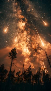 A clear night sky filled with countless twinkling stars, with trees silhouetted in the foreground. The atmosphere is crisp and cool, perfect for stargazing on a midnight adventure