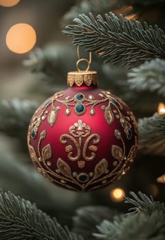 Christmas red ball hanging on a fir tree branch. Selective focus.
