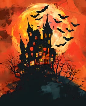 Spooky haunted house silhouette with full moon, flying bats, dark trees