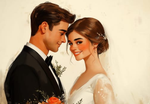 Illustration of a bride and groom on a cream background. Selective focus.