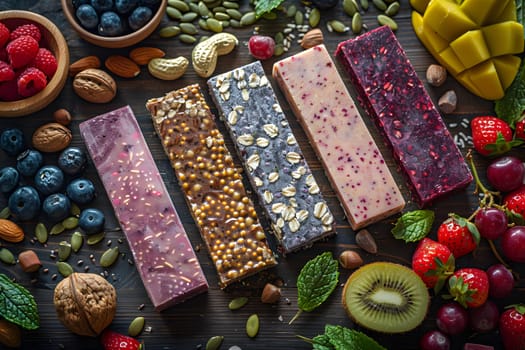 Artistic display of a variety of granola bars surrounded by fruits and nuts on a wooden table at a local food market event. A natural, sweet superfood showcase