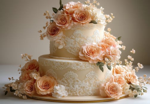 A tiered wedding cake decorated with roses on a light background. Selective focus.