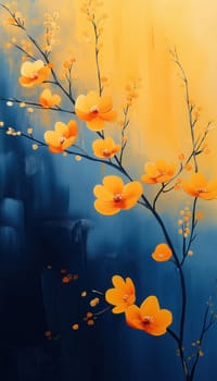 Painting, blooming branch with orange flowers on blue textured background. Selective focus.