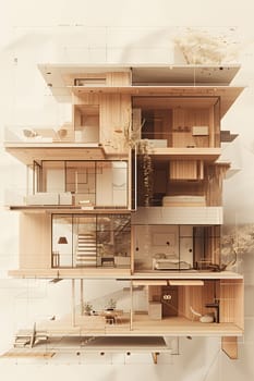 An advanced model of a house has been crafted, showcasing the interior by cutting it in half. The building includes wood flooring, fixtures, and hardwood windows