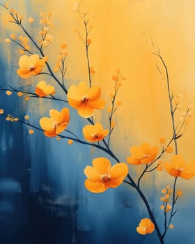 Painting, blooming branch with orange flowers on blue textured background. Selective focus.