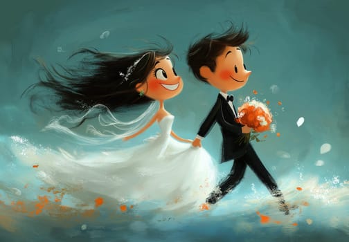 A cartoon illustration of a bride and groom on a blue background. Selective focus.