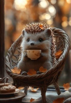 Autumn illustration, hedgehog in a wicker chair drinking tea. Selective focus.