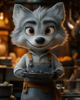 Illustration of a wolf working in an apron in a workshop. Selective focus.
