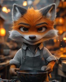 Illustration of a fox working in an apron in a workshop. Selective focus.