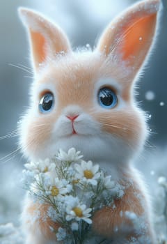 Illustration of a rabbit holding a bouquet of white flowers. Selective focus.