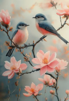 Watercolor, two birds sitting on a flowering branch. Selective focus.