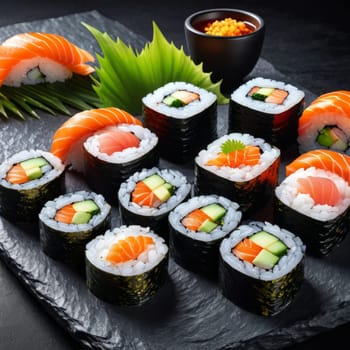 Beautifully arranged sushi selection with fresh fish, vibrant vegetables, and rice. Perfect for showcasing Japanese cuisine, appealing to food enthusiasts and culinary professionals alike