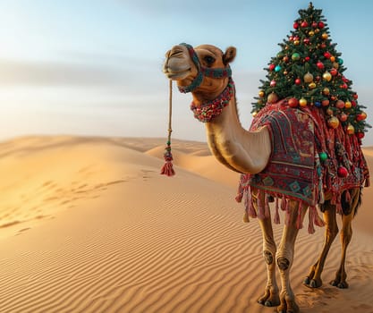 A camel in the desert delivering a Christmas tree. Selective focus.