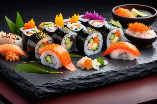 Beautifully arranged sushi selection with fresh fish, vibrant vegetables, and rice. Perfect for showcasing Japanese cuisine, appealing to food enthusiasts and culinary professionals alike