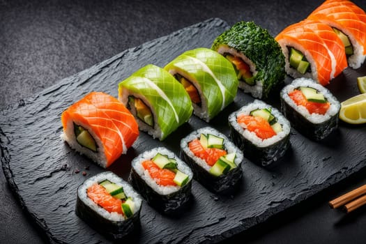 Beautifully arranged sushi selection with fresh fish, vibrant vegetables, and rice. Perfect for showcasing Japanese cuisine, appealing to food enthusiasts and culinary professionals alike