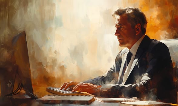 A man is working intently on a computer. Selective focus.