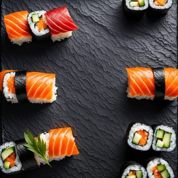 Beautifully arranged sushi selection with fresh fish, vibrant vegetables, and rice. Perfect for showcasing Japanese cuisine, appealing to food enthusiasts and culinary professionals alike