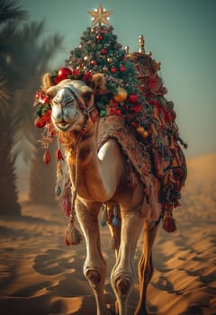 A camel in the desert delivering a Christmas tree. Selective focus.