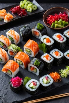 Beautifully arranged sushi selection with fresh fish, vibrant vegetables, and rice. Perfect for showcasing Japanese cuisine, appealing to food enthusiasts and culinary professionals alike