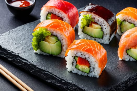 Beautifully arranged sushi selection with fresh fish, vibrant vegetables, and rice. Perfect for showcasing Japanese cuisine, appealing to food enthusiasts and culinary professionals alike