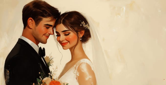 Illustration of a bride and groom on a cream background. Selective focus.
