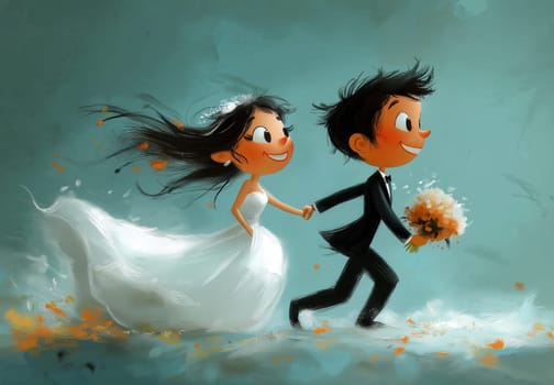 A cartoon illustration of a bride and groom on a blue background. Selective focus.
