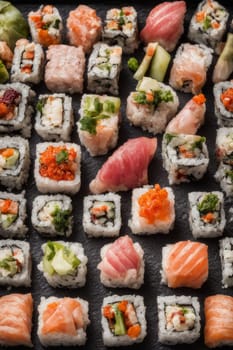 Beautifully arranged sushi selection with fresh fish, vibrant vegetables, and rice. Perfect for showcasing Japanese cuisine, appealing to food enthusiasts and culinary professionals alike