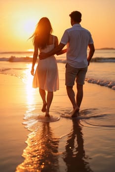 Beachgoers walk hand in hand along the shoreline as the sun sets, casting a warm glow over the calm waters and sandy beach - Generative AI