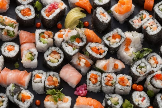 Beautifully arranged sushi selection with fresh fish, vibrant vegetables, and rice. Perfect for showcasing Japanese cuisine, appealing to food enthusiasts and culinary professionals alike