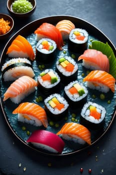Beautifully arranged sushi selection with fresh fish, vibrant vegetables, and rice. Perfect for showcasing Japanese cuisine, appealing to food enthusiasts and culinary professionals alike
