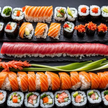 Beautifully arranged sushi selection with fresh fish, vibrant vegetables, and rice. Perfect for showcasing Japanese cuisine, appealing to food enthusiasts and culinary professionals alike