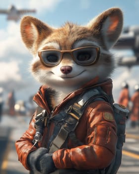 Cartoon animal pilot on runway. Selective focus.