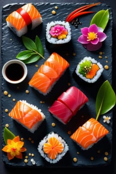 Beautifully arranged sushi selection with fresh fish, vibrant vegetables, and rice. Perfect for showcasing Japanese cuisine, appealing to food enthusiasts and culinary professionals alike