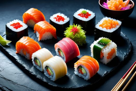 Beautifully arranged sushi selection with fresh fish, vibrant vegetables, and rice. Perfect for showcasing Japanese cuisine, appealing to food enthusiasts and culinary professionals alike