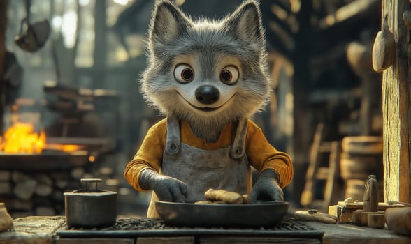 Illustration of a wolf working in an apron in a workshop. Selective focus.