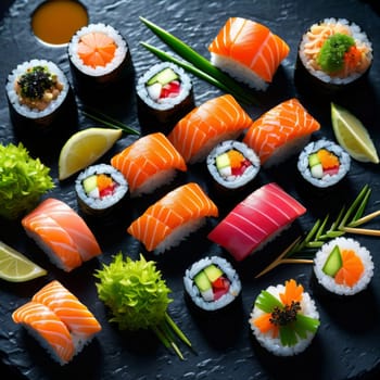 Beautifully arranged sushi selection with fresh fish, vibrant vegetables, and rice. Perfect for showcasing Japanese cuisine, appealing to food enthusiasts and culinary professionals alike
