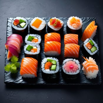 Beautifully arranged sushi selection with fresh fish, vibrant vegetables, and rice. Perfect for showcasing Japanese cuisine, appealing to food enthusiasts and culinary professionals alike