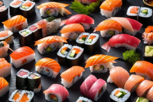 Beautifully arranged sushi selection with fresh fish, vibrant vegetables, and rice. Perfect for showcasing Japanese cuisine, appealing to food enthusiasts and culinary professionals alike