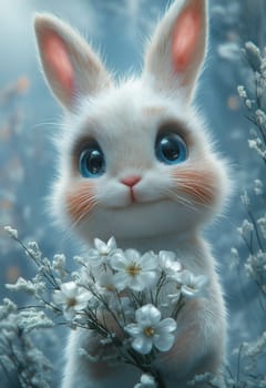 Illustration of a rabbit holding a bouquet of white flowers. Selective focus.