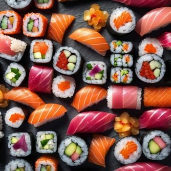 Beautifully arranged sushi selection with fresh fish, vibrant vegetables, and rice. Perfect for showcasing Japanese cuisine, appealing to food enthusiasts and culinary professionals alike
