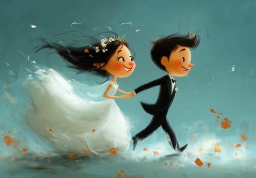 A cartoon illustration of a bride and groom on a blue background. Selective focus.