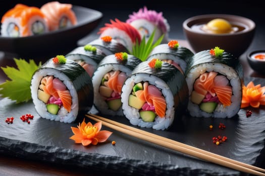 Beautifully arranged sushi selection with fresh fish, vibrant vegetables, and rice. Perfect for showcasing Japanese cuisine, appealing to food enthusiasts and culinary professionals alike