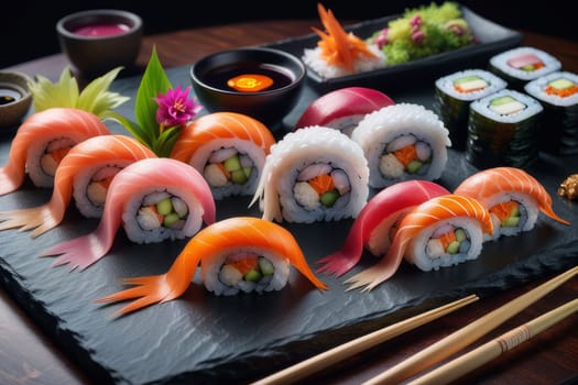 Beautifully arranged sushi selection with fresh fish, vibrant vegetables, and rice. Perfect for showcasing Japanese cuisine, appealing to food enthusiasts and culinary professionals alike