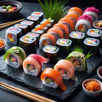 Beautifully arranged sushi selection with fresh fish, vibrant vegetables, and rice. Perfect for showcasing Japanese cuisine, appealing to food enthusiasts and culinary professionals alike