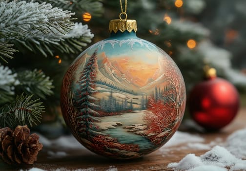 Multicolored Christmas ball with a snow landscape on a Christmas tree. Selective focus.