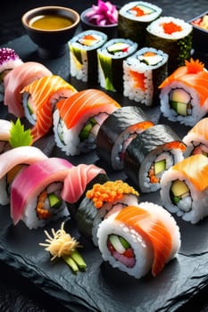 Beautifully arranged sushi selection with fresh fish, vibrant vegetables, and rice. Perfect for showcasing Japanese cuisine, appealing to food enthusiasts and culinary professionals alike