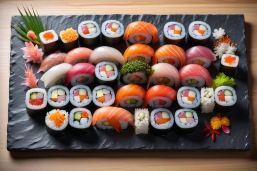 Beautifully arranged sushi selection with fresh fish, vibrant vegetables, and rice. Perfect for showcasing Japanese cuisine, appealing to food enthusiasts and culinary professionals alike