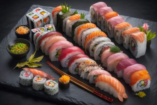 Beautifully arranged sushi selection with fresh fish, vibrant vegetables, and rice. Perfect for showcasing Japanese cuisine, appealing to food enthusiasts and culinary professionals alike