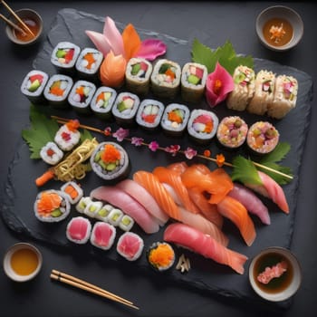 Beautifully arranged sushi selection with fresh fish, vibrant vegetables, and rice. Perfect for showcasing Japanese cuisine, appealing to food enthusiasts and culinary professionals alike